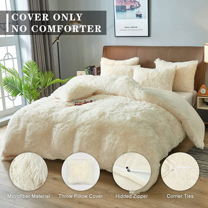BLEUM CADE Luxury Fluffy Fuzzy King Bedding Comforter Set,4 Pieces Soft Shaggy Duvet Cover Set,Furry Plush Velvet Comforter Cover with Zip Closure,King,Creamy-White