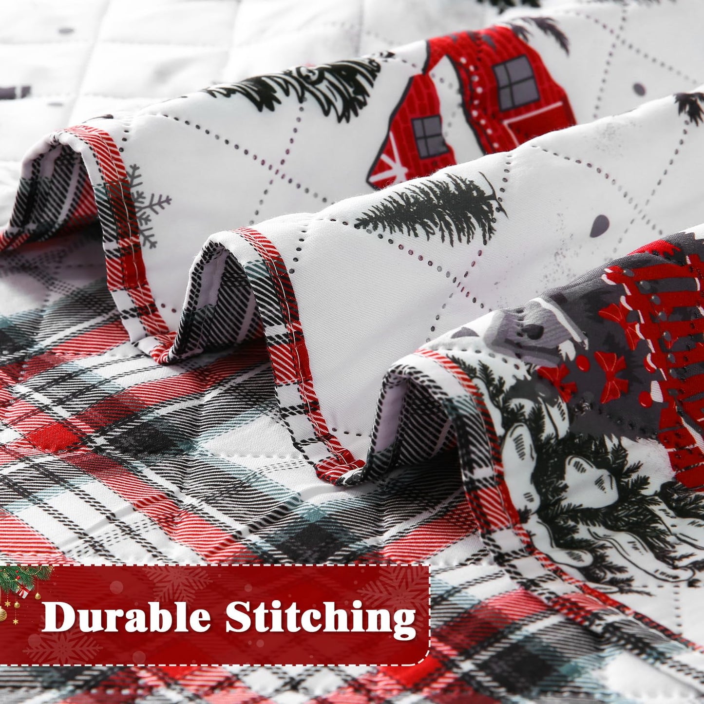 BLEUM CADE Christmas Quilt Queen Size, Christmas Tree Quilt Set, Reversible Buffalo Plaid Quilts Bedding Set, Lightweight Soft Breathable Bedspread Coverlet, 90''x90''(1 Quilt, 2 Pillow Shams)