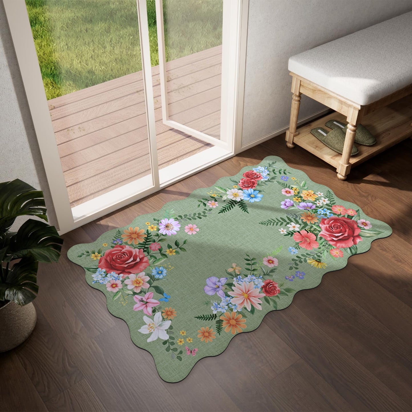 BLEUM CADE Spring Door Mat Low Profile Welcome Mat,Non Slip Rubber Backing Outside Door Mats Green Floral for Front Door,Patio,Entryway,18" x 30"