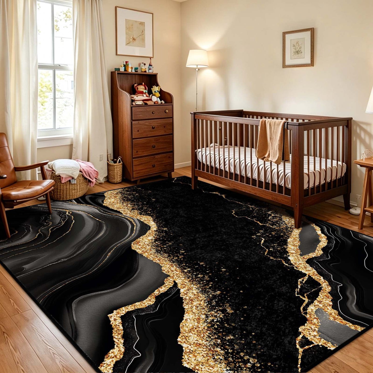 Bleum Cade 5'x7' Area Rugs for Living Room, Black Gold Marble Swirl Abstract Rug Ultra Soft Washable Rugs for Bedroom, Anti Slip Durable Carpet for Dining Room