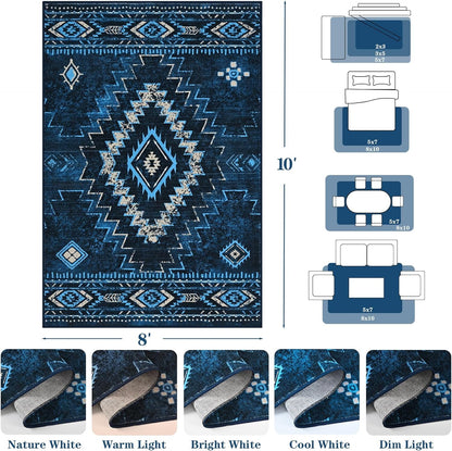 Bleum Cade Western 8x10 Rugs for Living Room, Moroccan Washable Rugs for Bedroom, Non-Slip Boho Indoor Rug, Soft Low Pile Stain Resistant Geometric Floor Large Carpet Home Decor,Blue