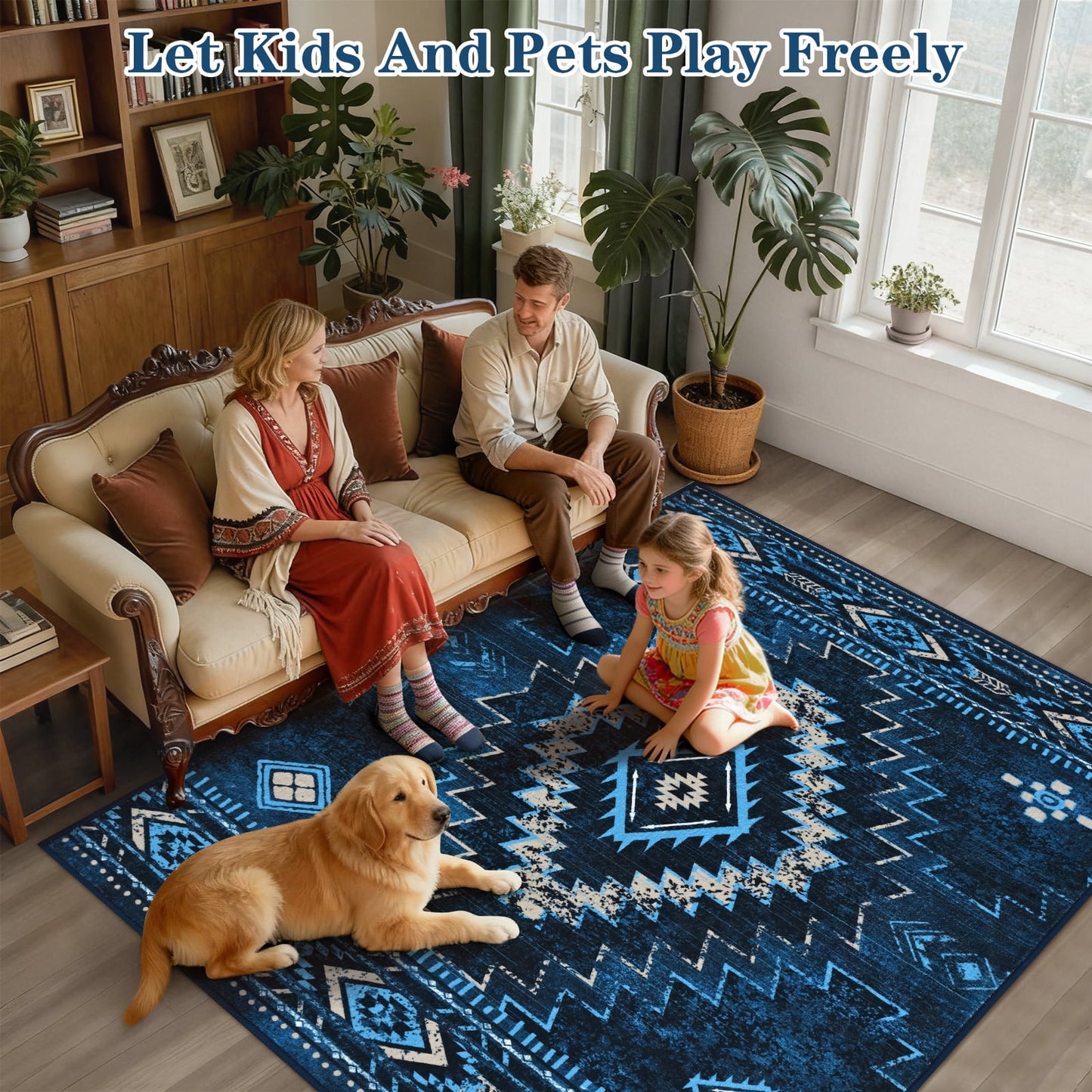Bleum Cade Western 8x10 Rugs for Living Room, Moroccan Washable Rugs for Bedroom, Non-Slip Boho Indoor Rug, Soft Low Pile Stain Resistant Geometric Floor Large Carpet Home Decor,Blue