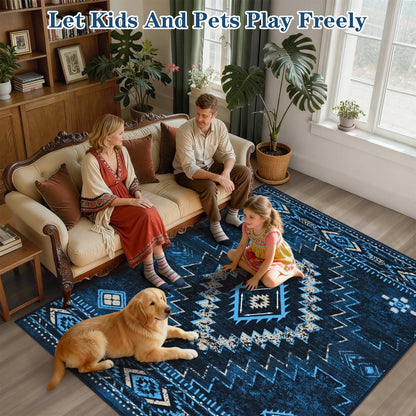 Bleum Cade Western 8x10 Rugs for Living Room, Moroccan Washable Rugs for Bedroom, Non-Slip Boho Indoor Rug, Soft Low Pile Stain Resistant Geometric Floor Large Carpet Home Decor,Blue