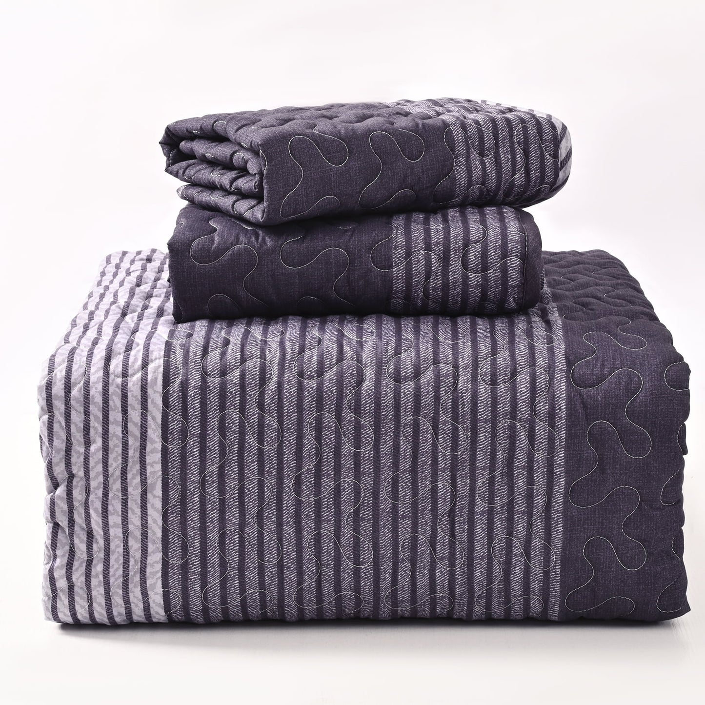 BLEUM CADE 3 Piece Twin Quilt Set with 2 Shams,Purple Gray Lightweight Bedspread for All-Season,Handblock Striped Reversible Quilt Coverlet for Twin Bed