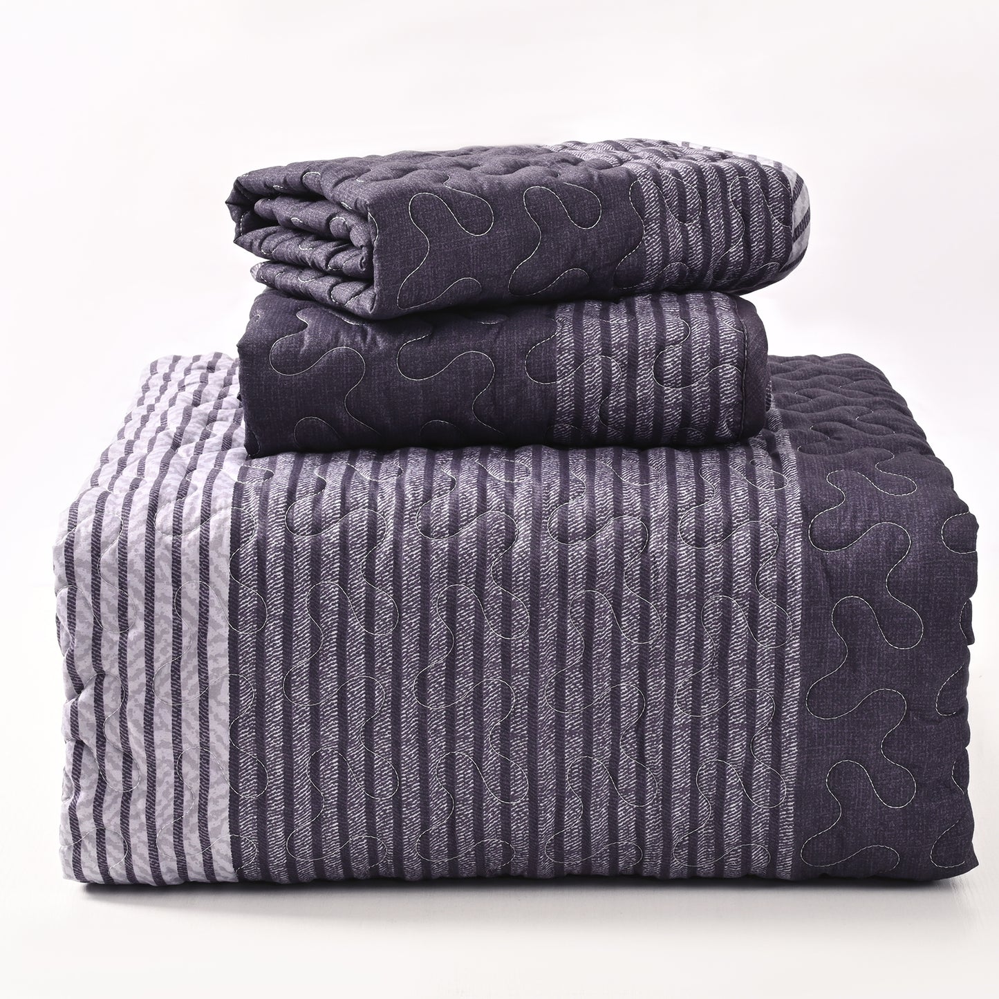 BLEUM CADE 3 Piece Twin Quilt Set with 1 Pillow Shams,Purple Gray Lightweight Bedspread for All-Season,Handblock Striped Reversible Quilt Coverlet for Twin Bed