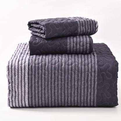 BLEUM CADE 3 Piece Twin Quilt Set with 1 Pillow Shams,Purple Gray Lightweight Bedspread for All-Season,Handblock Striped Reversible Quilt Coverlet for Twin Bed
