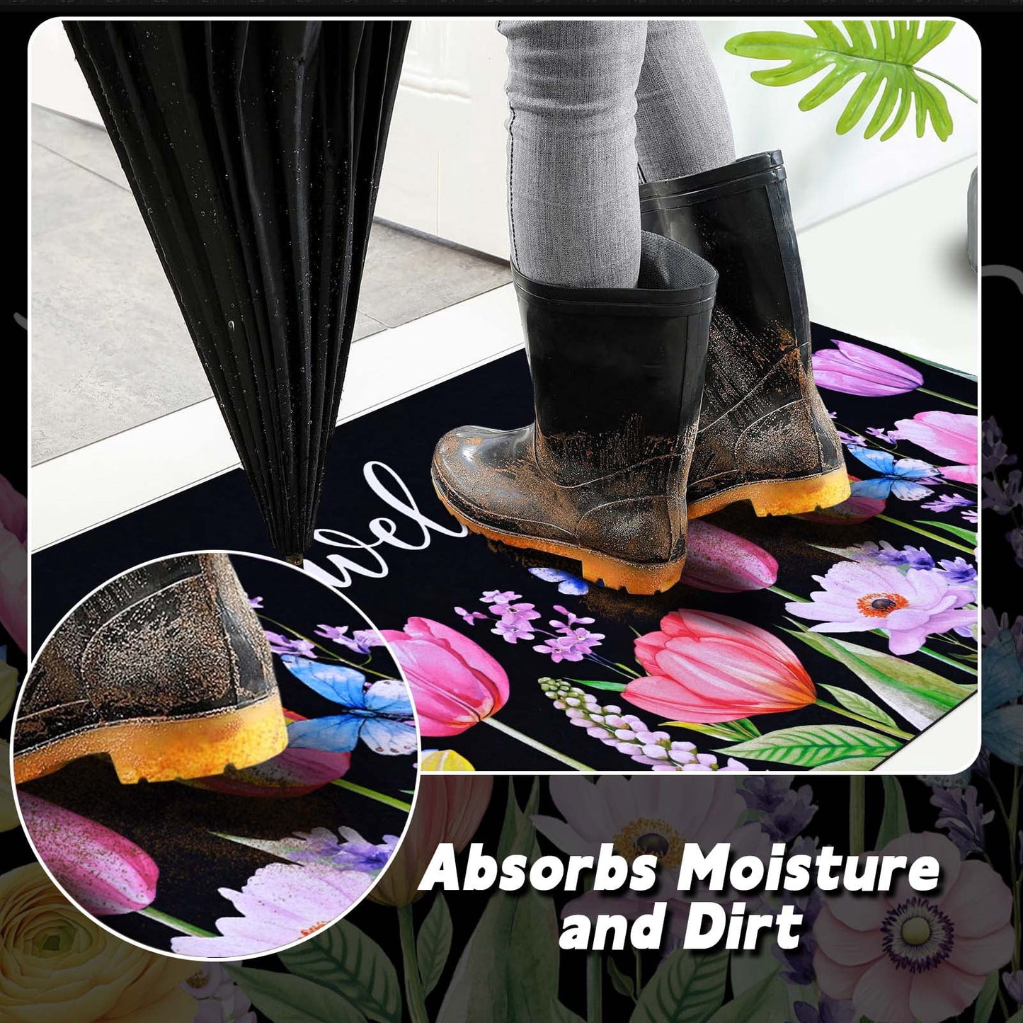 BLEUM CADE Spring Welcome Mat Floral Non Slip Outdoor Doormats,Tulip Low Profile Door Mat for Front Entrance & Outside Patio,18" x 30"