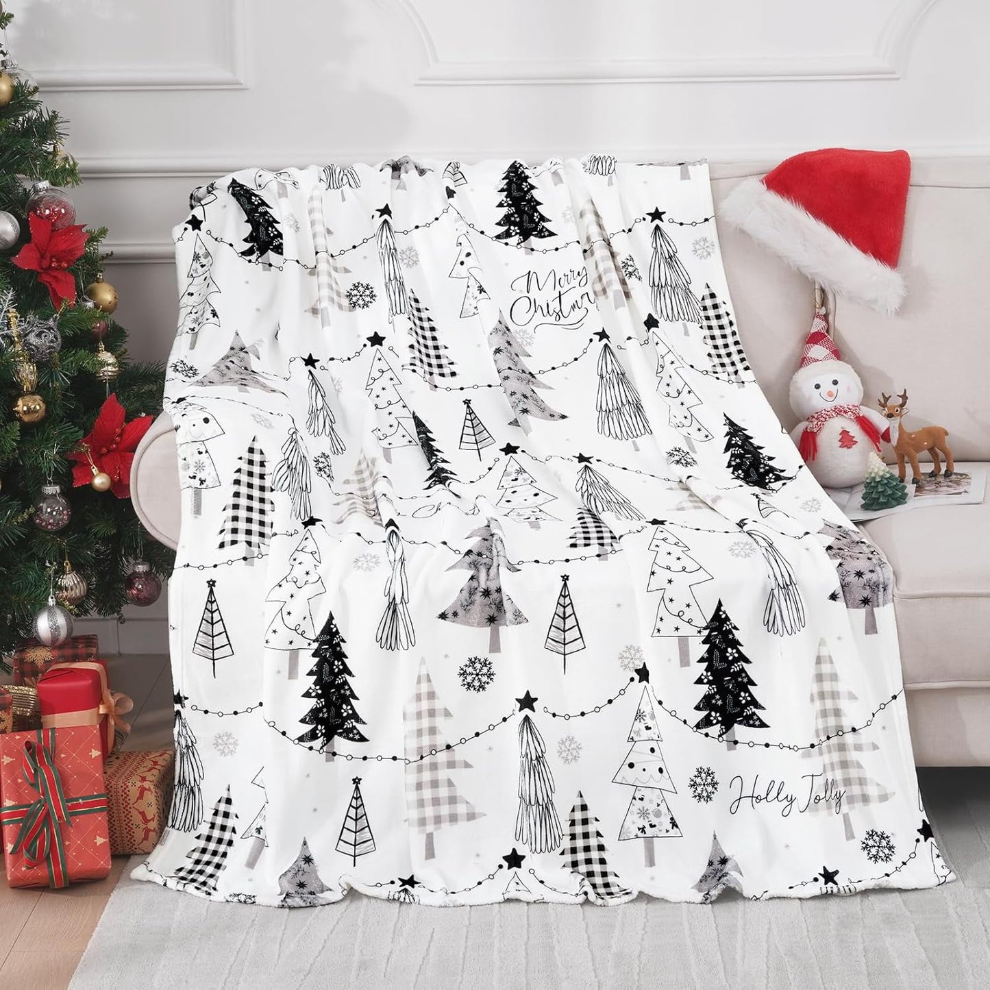 BLEUM CADE Christmas Throw Blanket, Snowflake Xmas Tree Blankets and Throws Soft Flannel Blankets for Couch Sofa, 50 x 60 Inches, Gray