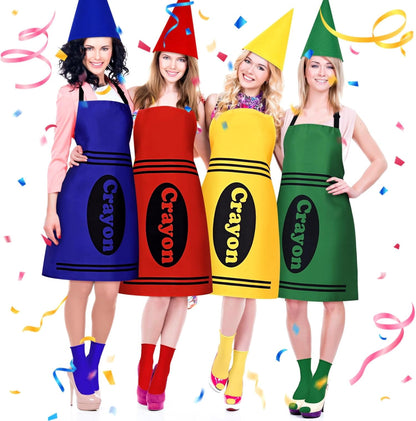 BLEUM CADE 4 Set Color Crayon Apron and Funny Gnome Cone Hats for Costume Set for Adults Fancy Dress Outfit Halloween Cosplay