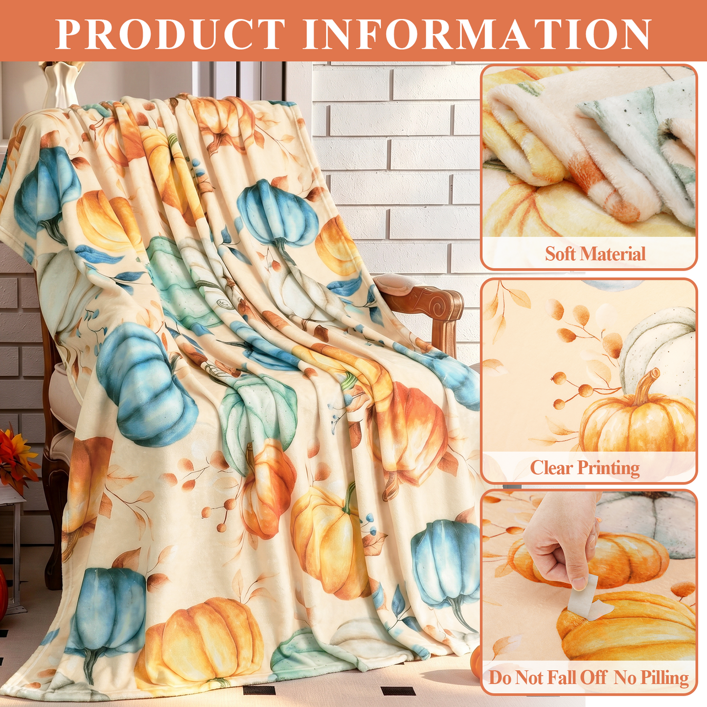Bleum Cade Fall Throw Blanket,Pumpkin Maple Leaves Flannel Blanket,Super Soft Autumn Harvest Cozy Throw Blankets for Couch Bed Sofa Fall Home Decor(Brown,50"x 60")