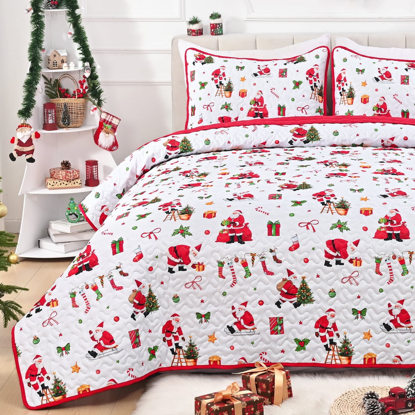 BLEUM CADE 3 Piece Christmas Quilt Queen Size, Christmas Tree and Santa Claus Quilts Bedding Set, Christmas Decor Soft Lightweight Bedspread Coverlet Set(1 Quilt, 2 Pillow Cases)
