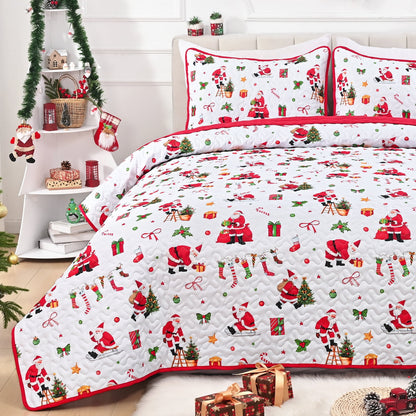 BLEUM CADE 3 Piece Christmas Quilt King Size, Christmas Tree and Santa Claus Quilts Bedding Set, Christmas Decor Soft Lightweight Bedspread Coverlet Set(1 Quilt, 2 Pillow Cases)