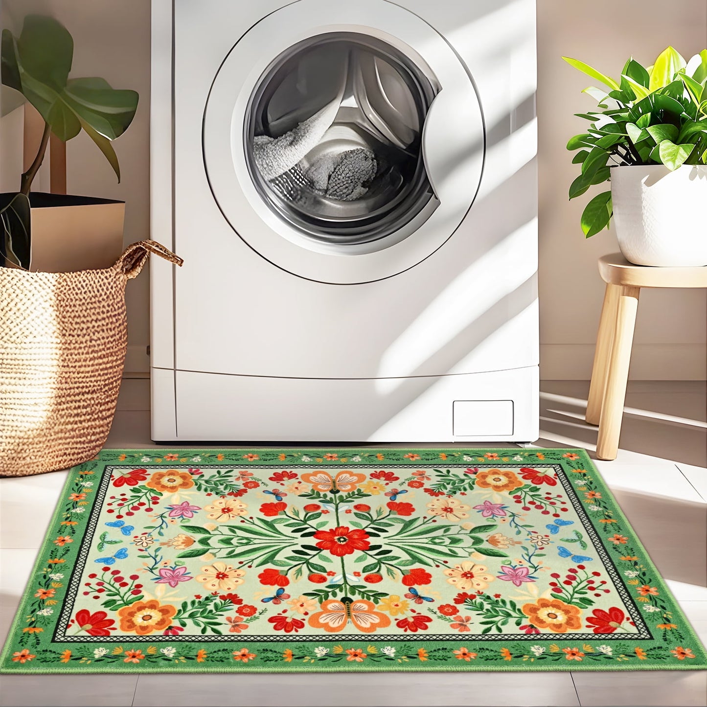 Bleum Cade Area Rugs for Doormat 2X3,Spring Boho Floral Rug, Machine Washable Non Slip Welcome Mat, Low Pile Carpet for Entryway, Kitchen, Front Door Indoor Entrance,Green