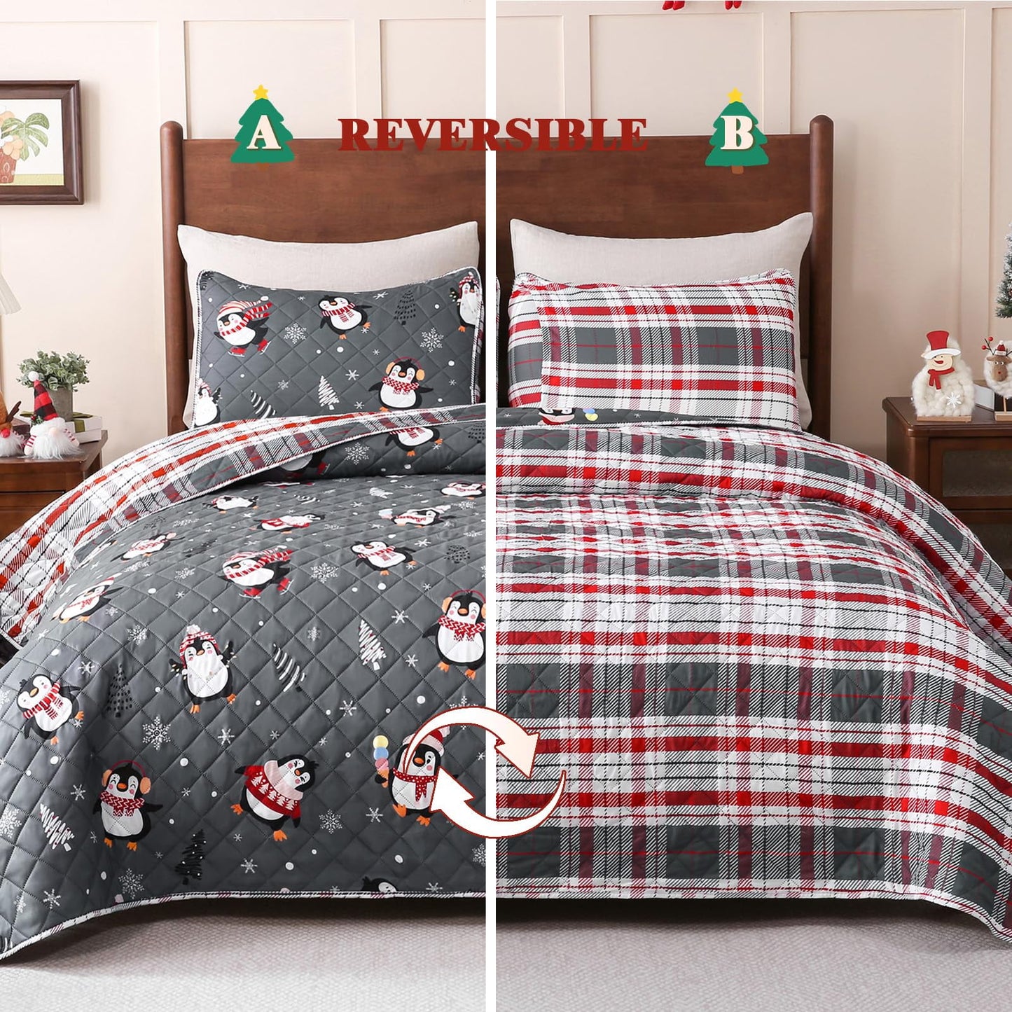 BLEUM CADE Christmas Quilts Sets King Size,3 Pieces Christmas Penguin Quilt Bedding Set, Reversible Grey Buffalo Plaid Comforter Sets,Soft Lightweight Xmas Bedspread Coverlet, 106" x 96"