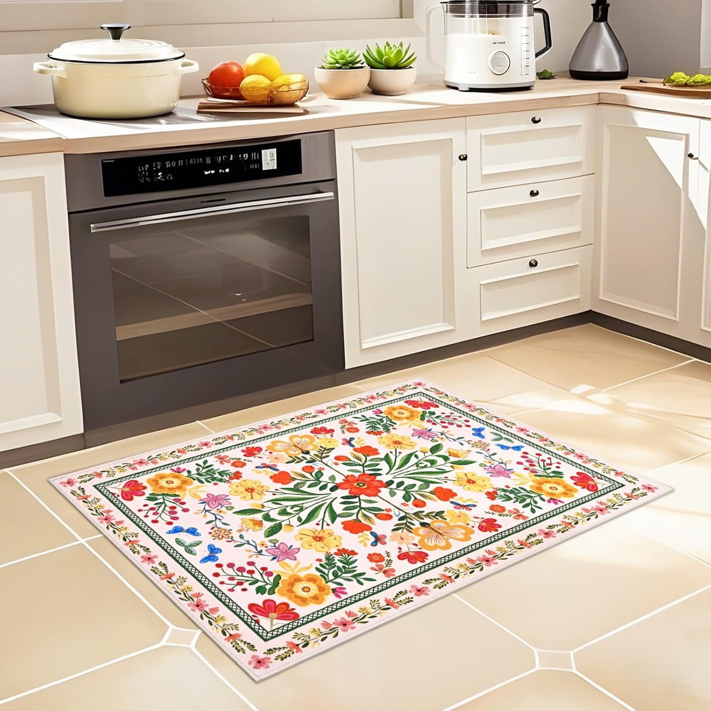 Bleum Cade Area Rugs for Doormat 2X3,Spring Boho Floral Rug, Machine Washable Non Slip Welcome Mat, Low Pile Carpet for Entryway, Kitchen, Front Door Indoor Entrance,Beige