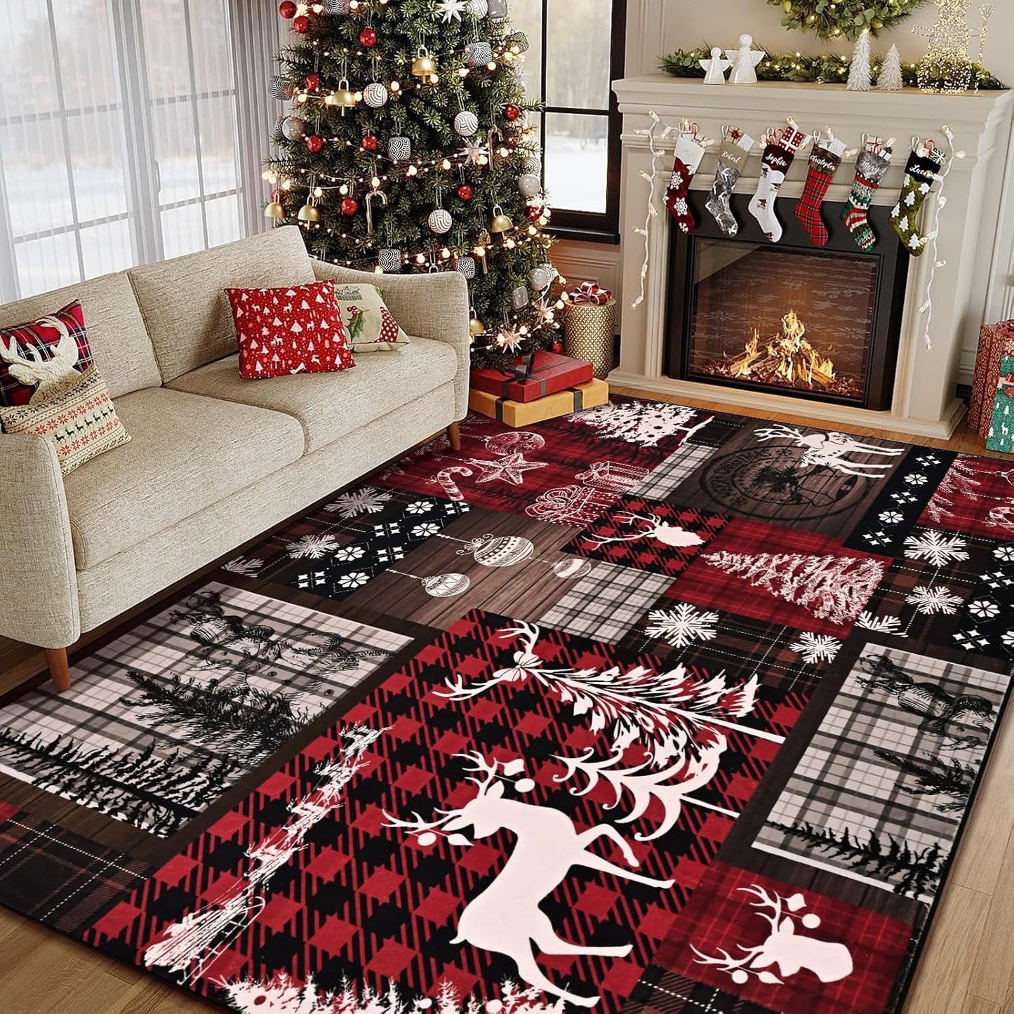 BLEUM CADE Christmas Area Rug 3x5 Rugs for Bedroom,Soft Low Pile Washable Rug,Xmas Tree Snowflake Non Slip Throw Rugs Winter Elk Christmas Carpet for Holiday Decor