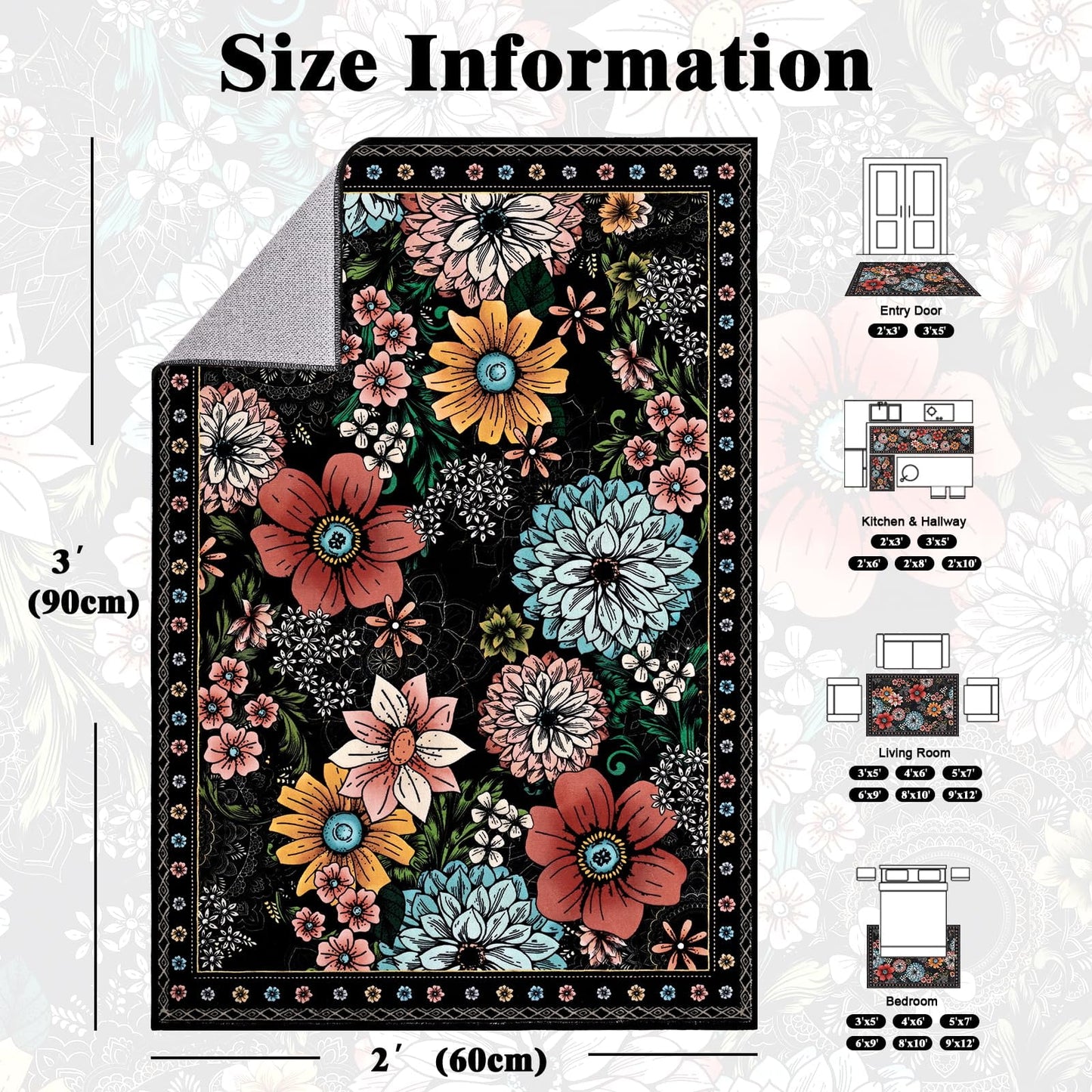 Bleum Cade Door Mat Indoor Entrance 2x3,Boho Floral Area Rug, Washable Rug for Entryway, Soft Faux Wool Indoor Throw Rugs for Kitchen, Laundry, Entry, Black
