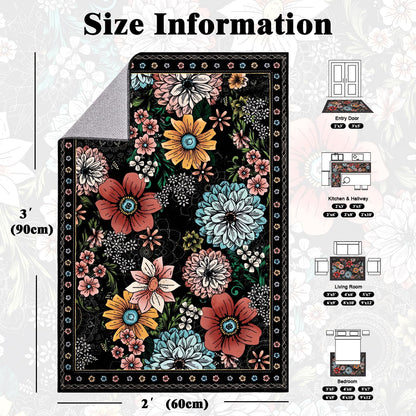 Bleum Cade Door Mat Indoor Entrance 2x3,Boho Floral Area Rug, Washable Rug for Entryway, Soft Faux Wool Indoor Throw Rugs for Kitchen, Laundry, Entry, Black