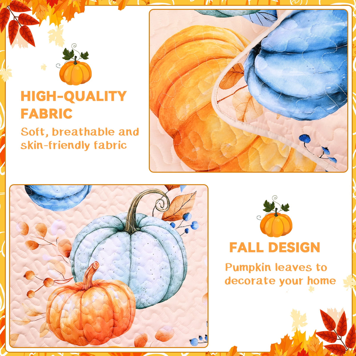 Bleum Cade Fall Quilt Set 3 Pieces King Size, Thanksgiving Blue & Yellow Pumpkins Bedding Set,Soft Lightweight Coverlet Set for King Bed,(Off-white,90"x 104")