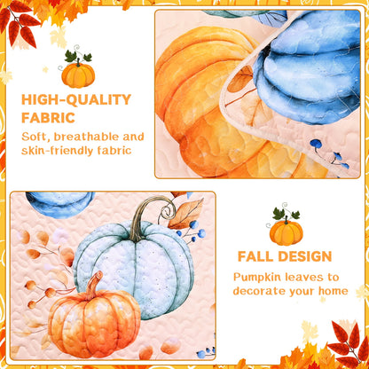 Bleum Cade Fall Quilt Set 3 Pieces King Size, Thanksgiving Blue & Yellow Pumpkins Bedding Set,Soft Lightweight Coverlet Set for King Bed,(Off-white,90"x 104")