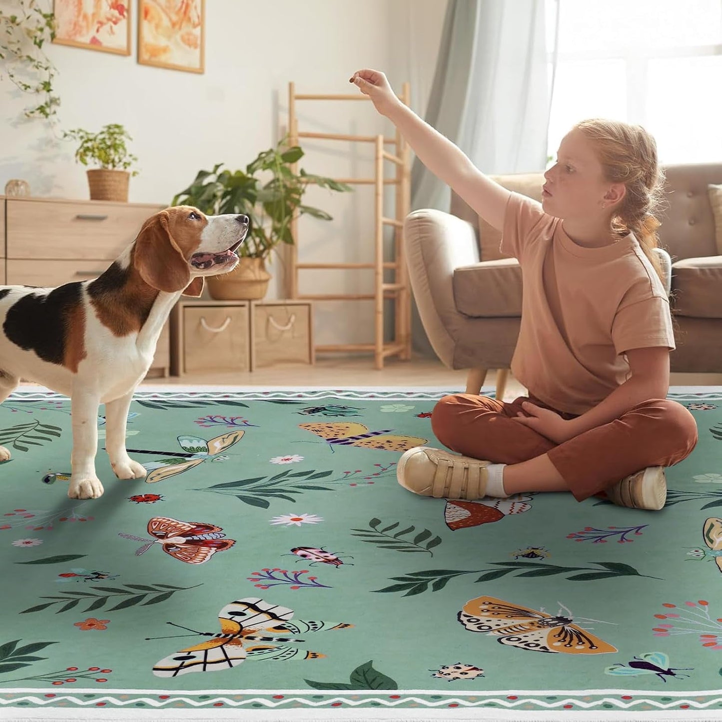 Bleum Cade 3'x5' Boho Area Rugs for Living Room, Machine Washable Foldable Indoor Rugs Carpet, Soft Lightweight Non Slip Large Rug for Bedroom Dining Room,Green