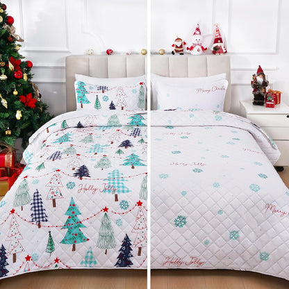 BLEUM CADE Christmas Quilt Set Queen Size, 3 Pieces Holiday Reversible Bedding Set Christmas Trees Snowflakes Quilt Set Soft Lightweight Merry Christmas Bedspread Coverlet Set Queen