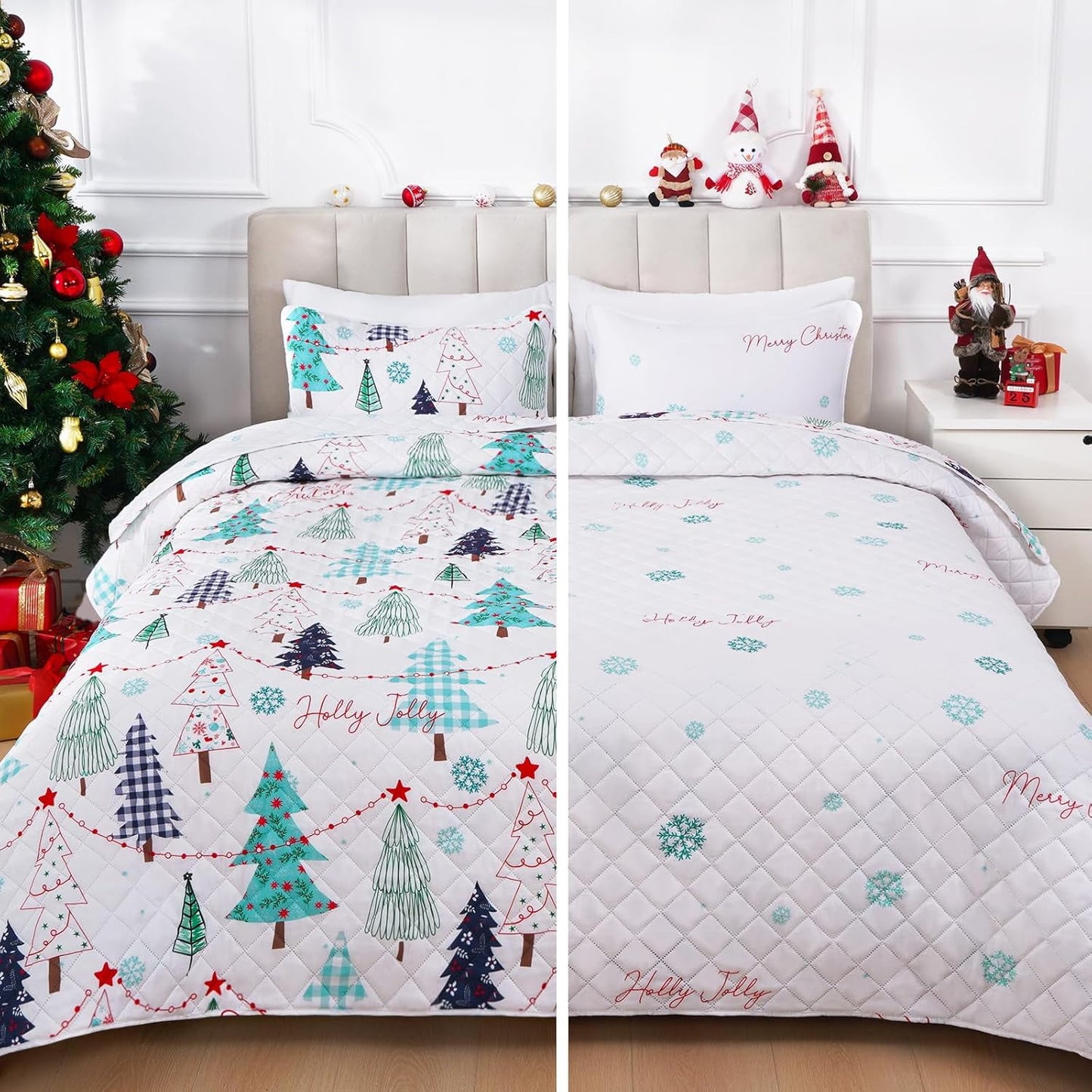 BLEUM CADE Christmas Quilt Set King with 2 Pillow Shams, 3 Pieces Holiday Reversible Bedding Set Christmas Trees Snowflakes Quilt Set Soft Lightweight Merry Christmas Bedspread Coverlet Set
