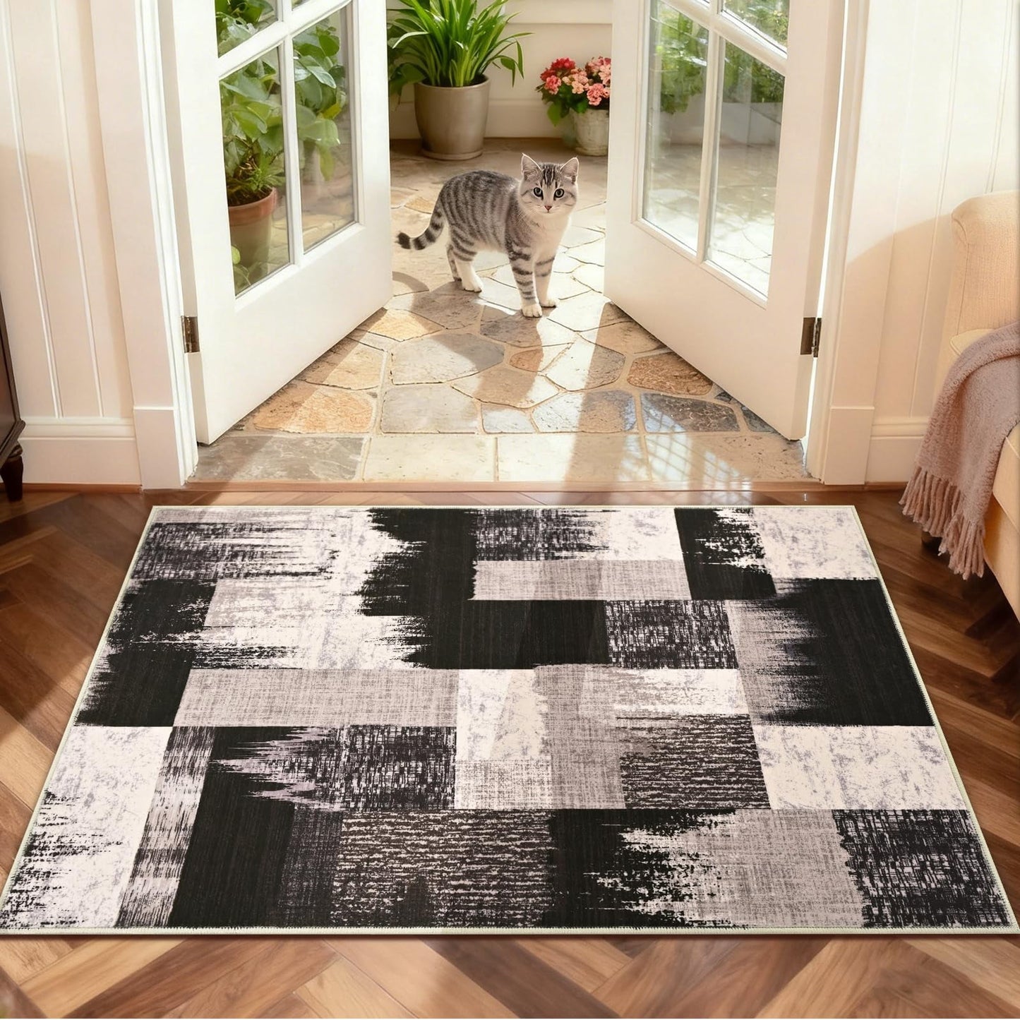 Bleum Cade Area Rugs 2x3 Entryway Rug,Modern Geometric Patchwork Non Slip Rugs for Entryway, Washable Abstract Area Rug Door Mat Indoor, Rockwood Collection Welcome Mat for Kitchen,Chocolate