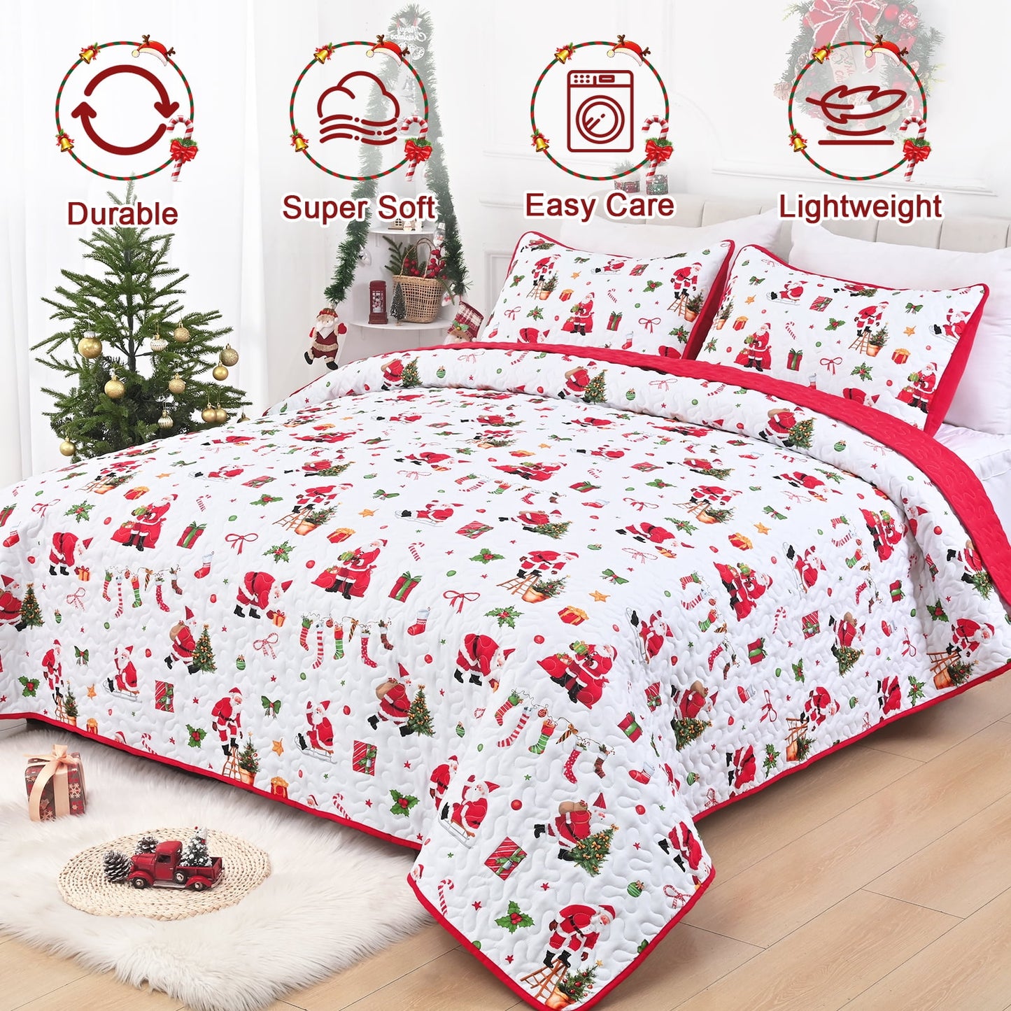 BLEUM CADE 3 Piece Christmas Quilt Queen Size, Christmas Tree and Santa Claus Quilts Bedding Set, Christmas Decor Soft Lightweight Bedspread Coverlet Set(1 Quilt, 2 Pillow Cases)