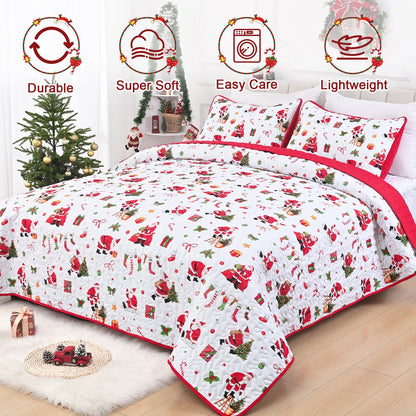 BLEUM CADE 3 Piece Christmas Quilt King Size, Christmas Tree and Santa Claus Quilts Bedding Set, Christmas Decor Soft Lightweight Bedspread Coverlet Set(1 Quilt, 2 Pillow Cases)