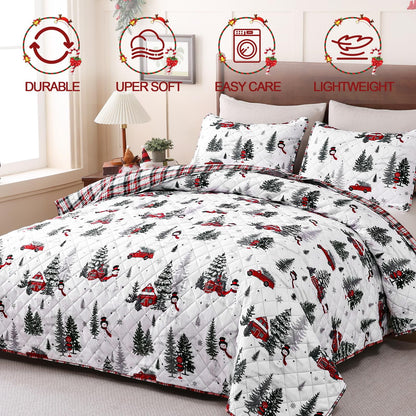 BLEUM CADE Christmas Quilt Queen Size, Christmas Tree Quilt Set, Reversible Buffalo Plaid Quilts Bedding Set, Lightweight Soft Breathable Bedspread Coverlet, 90''x90''(1 Quilt, 2 Pillow Shams)