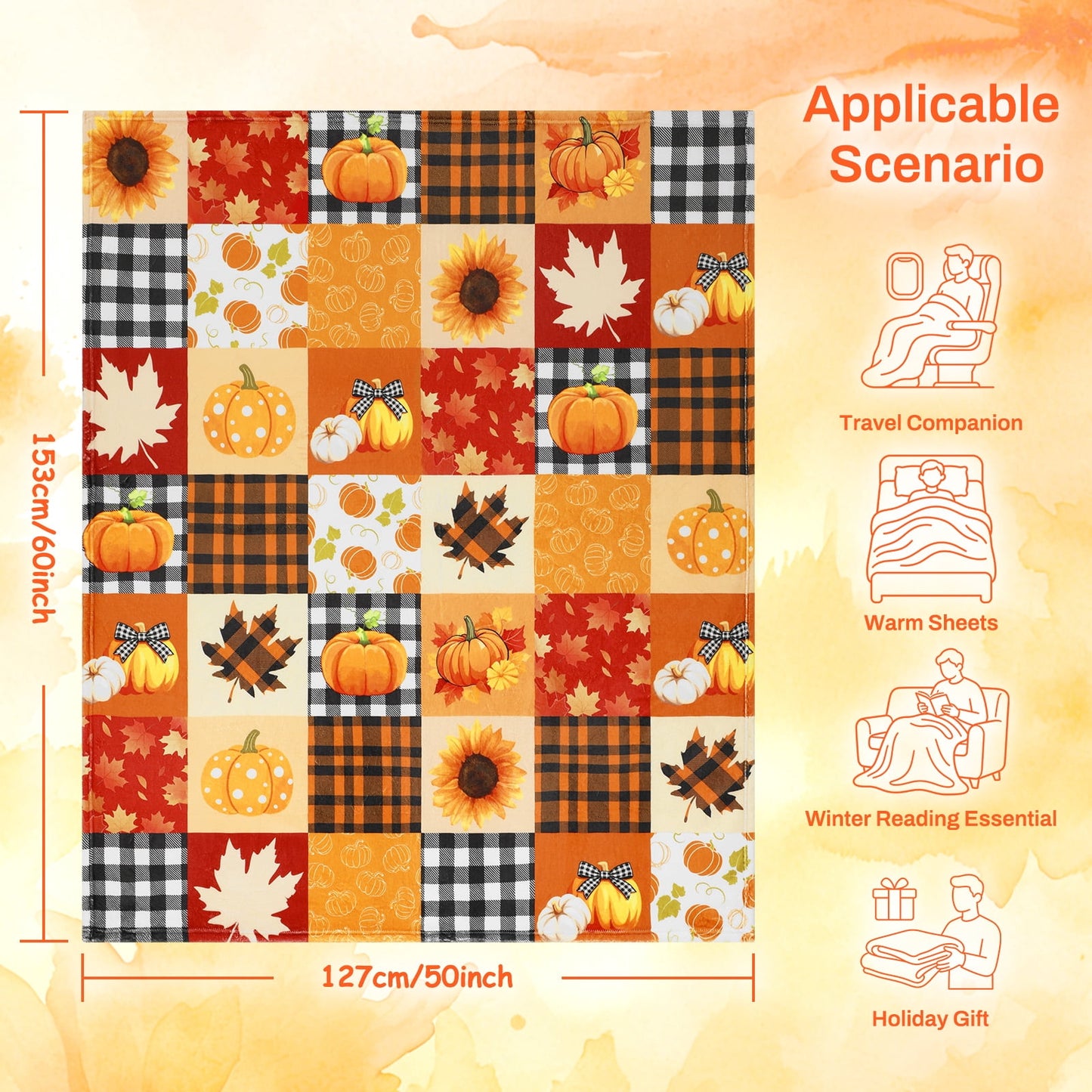 Bleum Cade Fall Throw Blanket,Pumpkin Maple Leaves Plaid Blanket,Cozy Flannel Autumn Throw Blankets for Bed Couch Sofa,Fall Decor Gift (50"x 60")