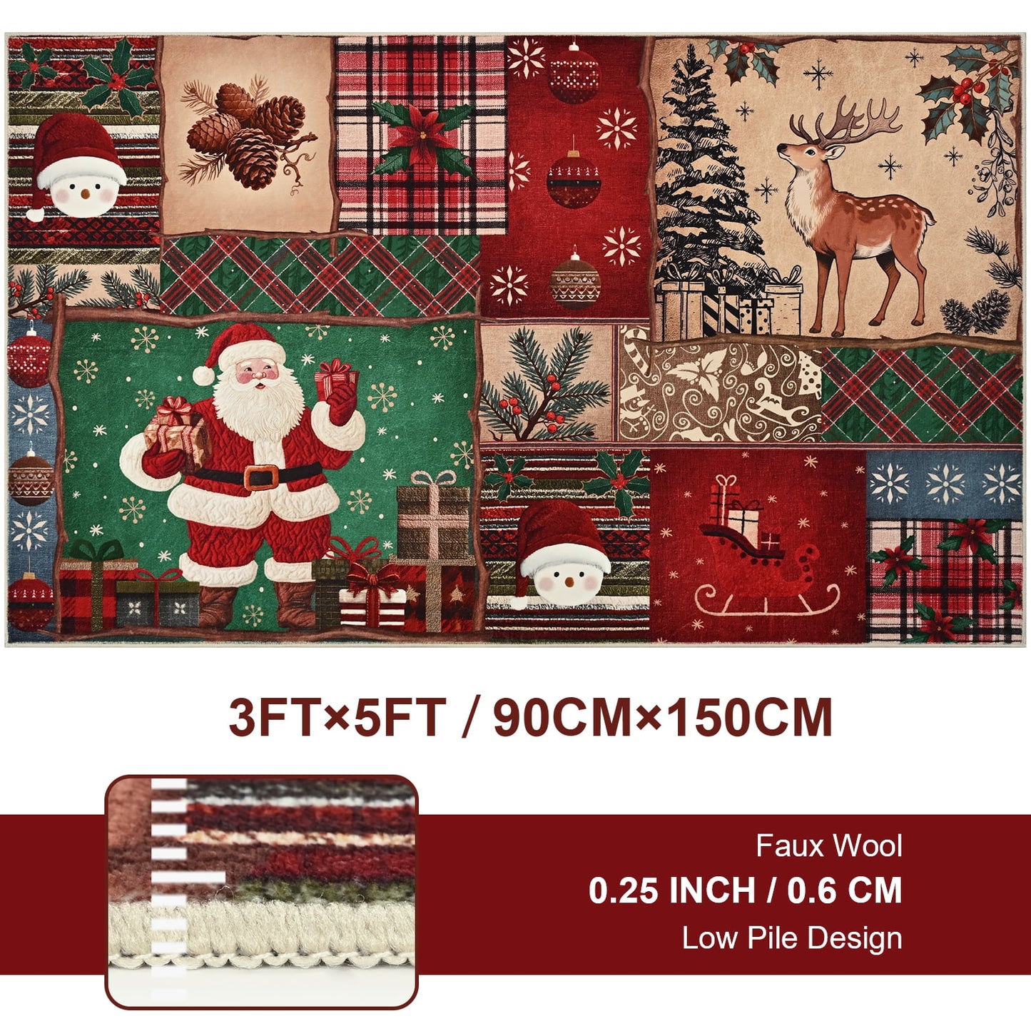 BLEUM CADE Christmas 3x5 Area Rugs for Living Room,Santa Claus Spliced Pattern Low Pile Washable Non Slip Rug Carpet Xmas Decor
