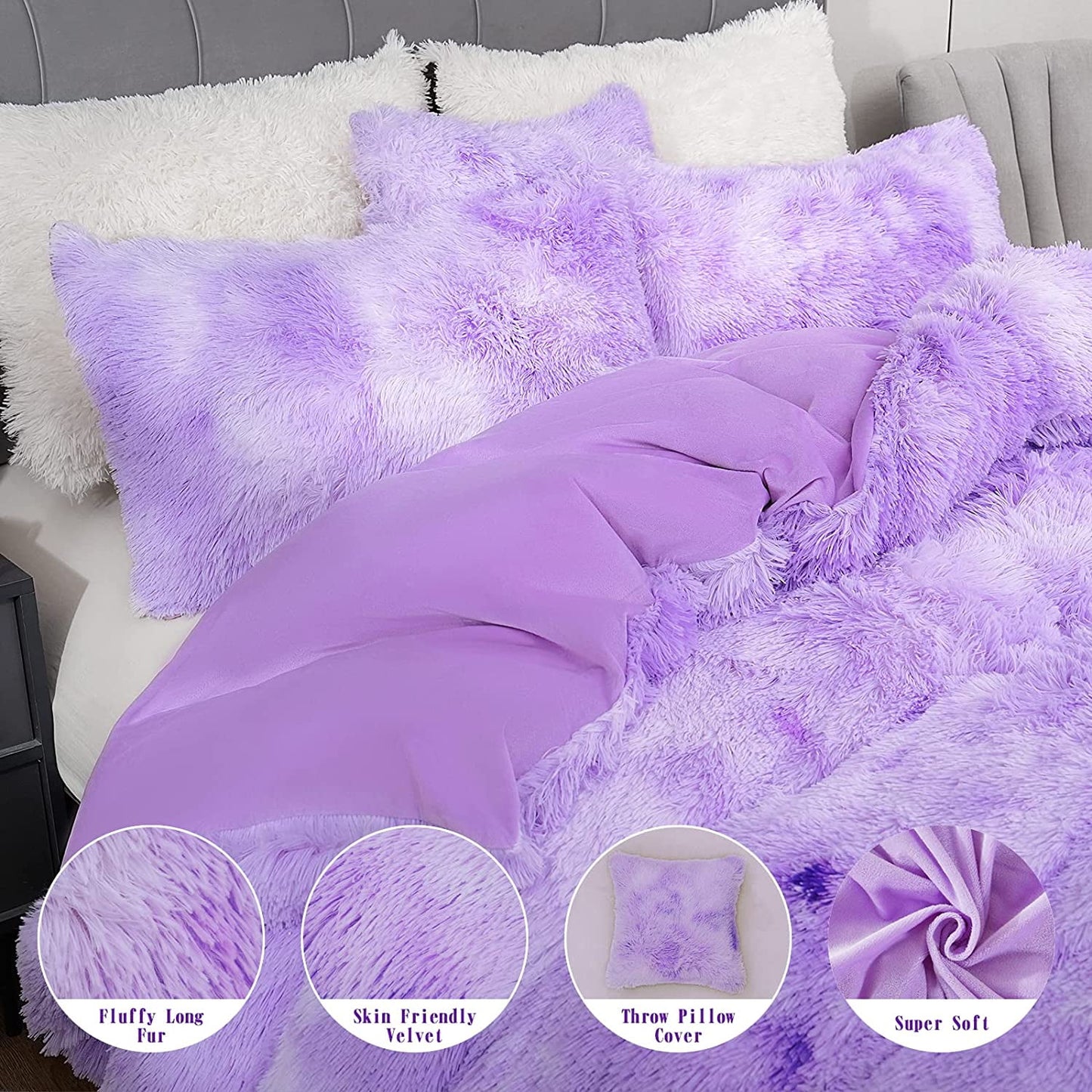 BLEUM CADE Luxury Fluffy Fuzzy Twin Bedding Comforter Set,3 Pieces Shaggy Duvet Cover Set,Furry Plush Velvet Comforter Cover with Zip Closure,King,Light Purple