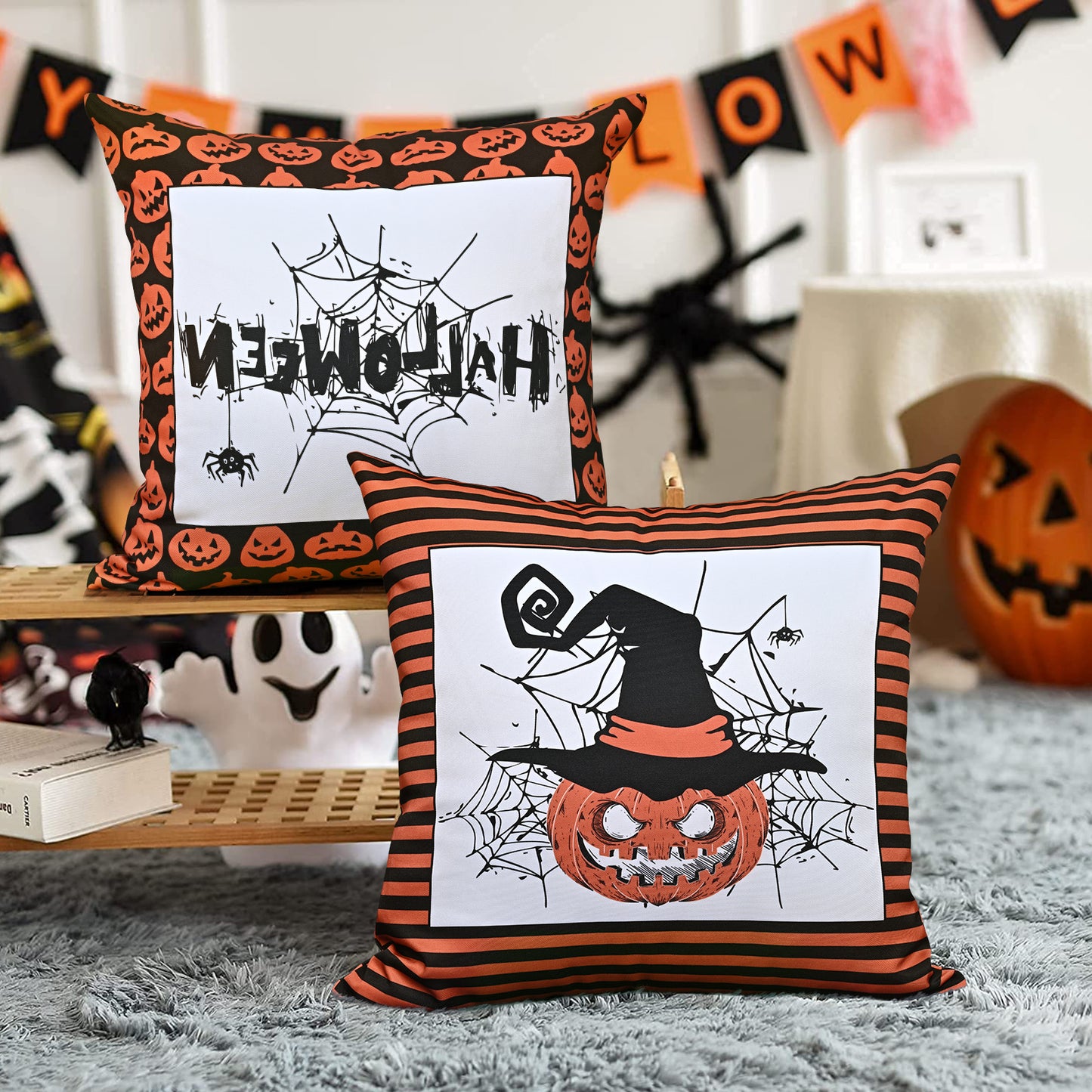 BLEUM CADE Halloween Pillow Covers, 2 Pack Farmhouse Fall Pillow Covers 18 x 18 inch, Black White Striped Ghost Throw Pillow Cases for Sofa Bed Throw Cushion