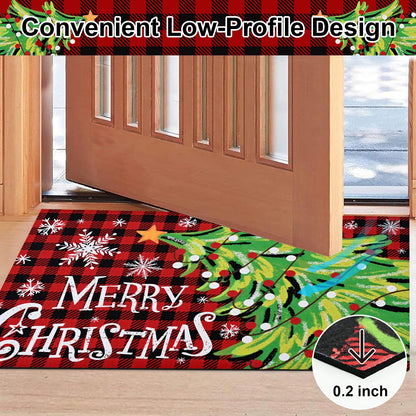 BLEUM CADE Christmas Welcome Mat,Christmas Tree Outdoor Door Mat Outside for Front Door,Red Buffalo Plaid Non-slip Rubber Backing Doormat,Low-Pile Mat for Entrance,18 x 30 in