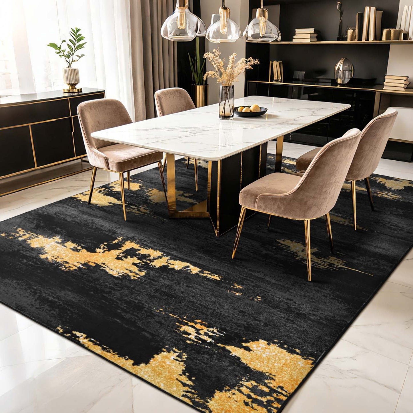 Bleum Cade 5'x7' Area Rugs for Living Room, Modern Abstract Rug Ultra Soft Washable Rugs for Bedroom, Anti Slip Durable Carpet Home Decor for Dining Room,Black Gold