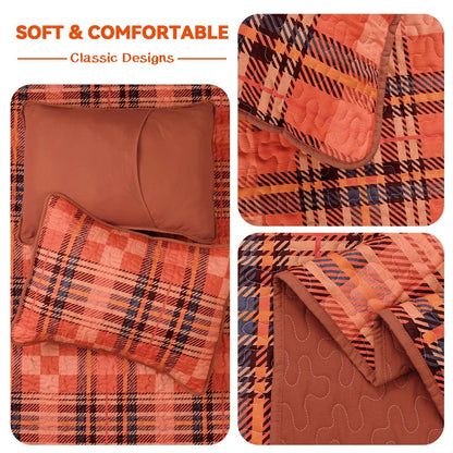 Bleum Cade Fall Quilt Set King Size 3 Pieces,Thanksgiving Orange Buffalo Plaid Lightweight Bedding Set,Soft Cozy Bedspread Coverlet Set King(90"x 104")