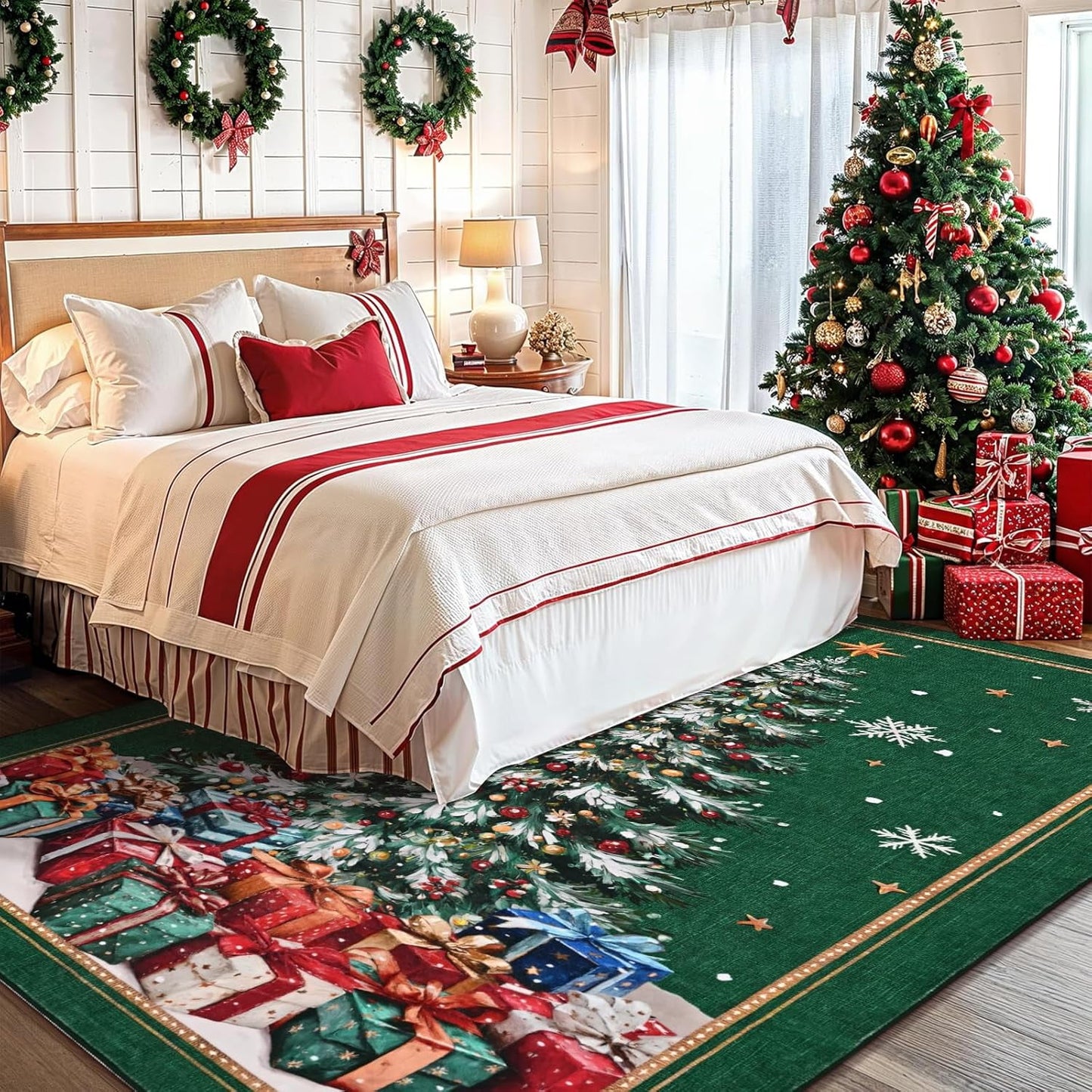 BLEUM CADE Christmas Tree Rug 3x5 Washable Rugs Non Slip,Xmas Green Area Rug for Living Room, Soft Faux Wool Large Entryway Rugs for Christmas Decorations