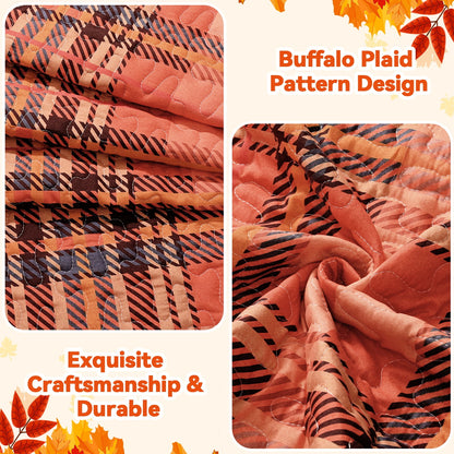 Bleum Cade Fall Quilt Set King Size 3 Pieces,Thanksgiving Orange Buffalo Plaid Lightweight Bedding Set,Soft Cozy Bedspread Coverlet Set King(90"x 104")