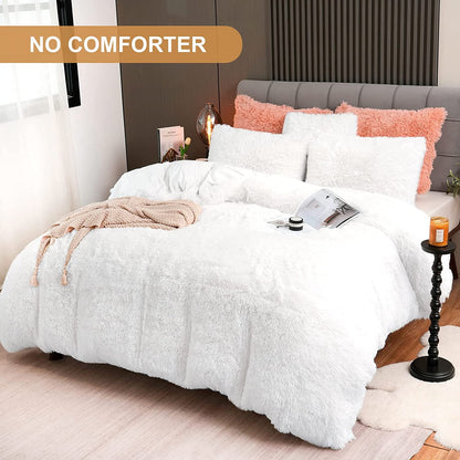 BLEUM CADE Luxury Fluffy Fuzzy Queen Bedding Comforter Set,3 Pieces Shaggy Duvet Cover Set,Furry Plush Velvet Comforter Cover with Zip Closure,White