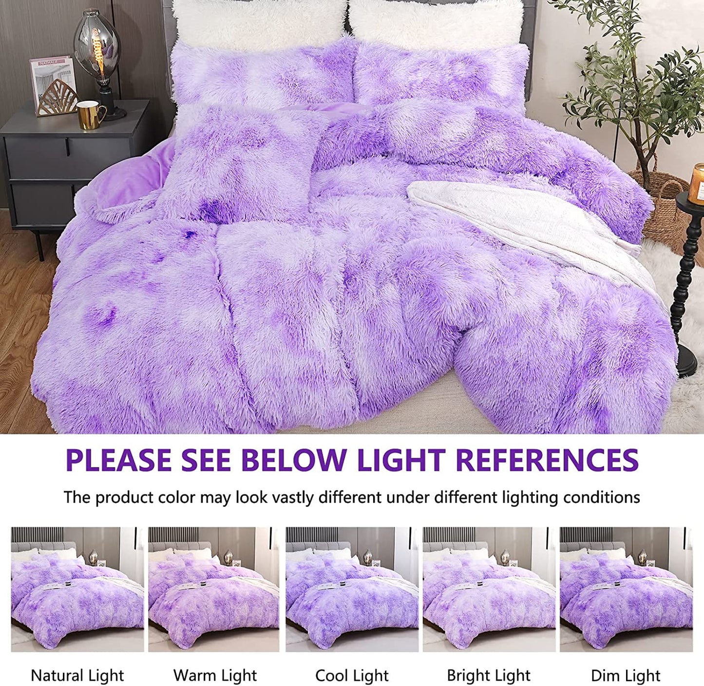 BLEUM CADE Luxury Fluffy Fuzzy King Bedding Comforter Set,4 Pieces Shaggy Duvet Cover Set,Furry Plush Velvet Comforter Cover with Zip Closure,King,Light Purple