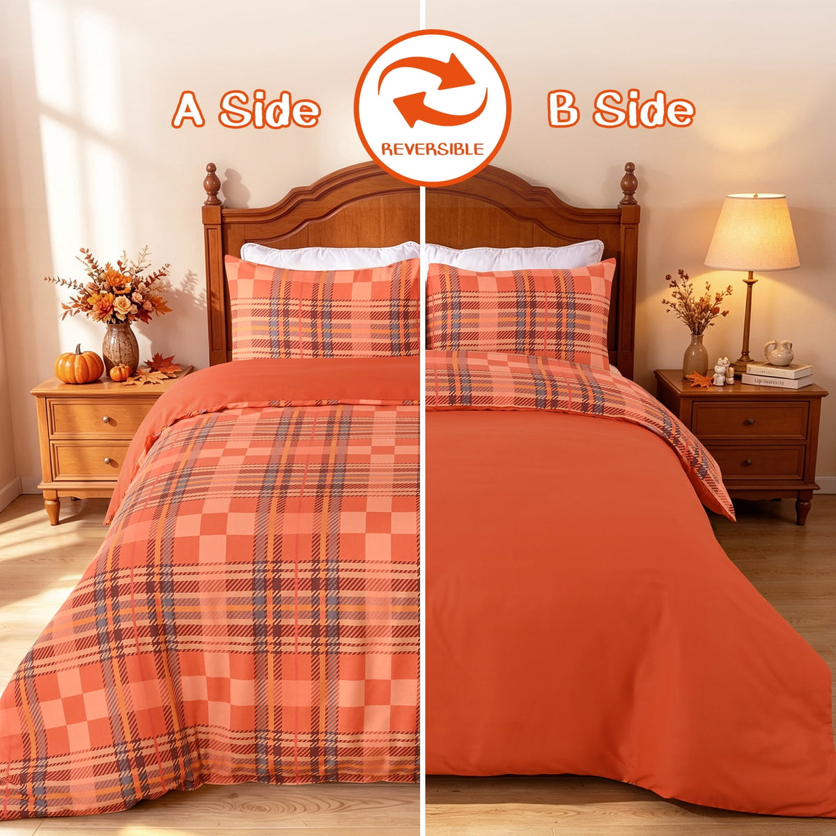 Bleum Cade 3 Piece Fall Duvet Cover Set Queen Size,Thanksgiving Buffalo Plaid Lightweight Comforter Cover Set,Ultra Soft Breathable Bedding Cover for Autumn Decor (Orange,90"x 90")