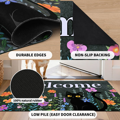 BLEUM CADE Black Cat Welcome Mat,Non Slip Low Profile Front Door Mat, Cat Floral Doormat for Front Door Porch Outdoor Patio,18" x 30"