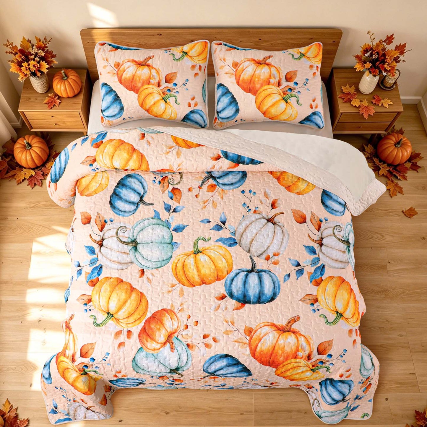 Bleum Cade Fall Quilt Set 3 Pieces King Size, Thanksgiving Blue & Yellow Pumpkins Bedding Set,Soft Lightweight Coverlet Set for King Bed,(Off-white,90"x 104")