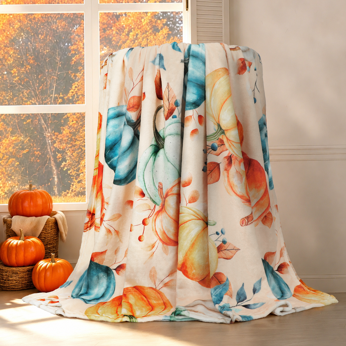 Bleum Cade Fall Throw Blanket,Pumpkin Maple Leaves Flannel Blanket,Super Soft Autumn Harvest Cozy Throw Blankets for Couch Bed Sofa Fall Home Decor(Brown,50"x 60")