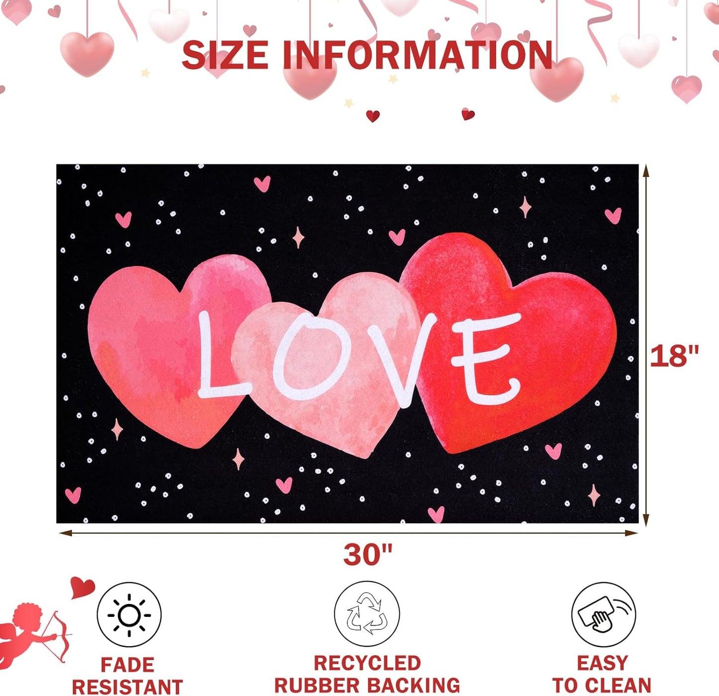 BLEUM CADE Valentine's Day Door Mat Outdoor Love Heart Door Mat Non Slip Low-Profile Welcome Doormat Valentines Gift,18 x 30 inch