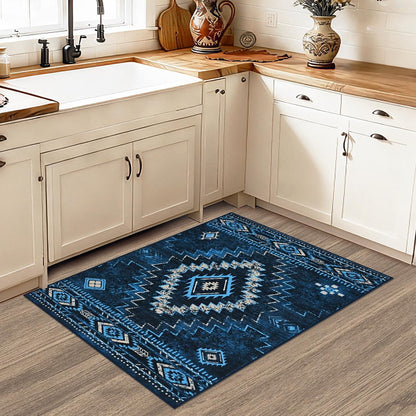 Bleum Cade Moroccan Bathroom Rug,Western Washable 2x3 Small Bath Mat, Boho Tribal Soft Non-Slip Geometric Entry Way Rug, Low-Pile Indoor Carpet for Bedside Entrance Laundry,Blue