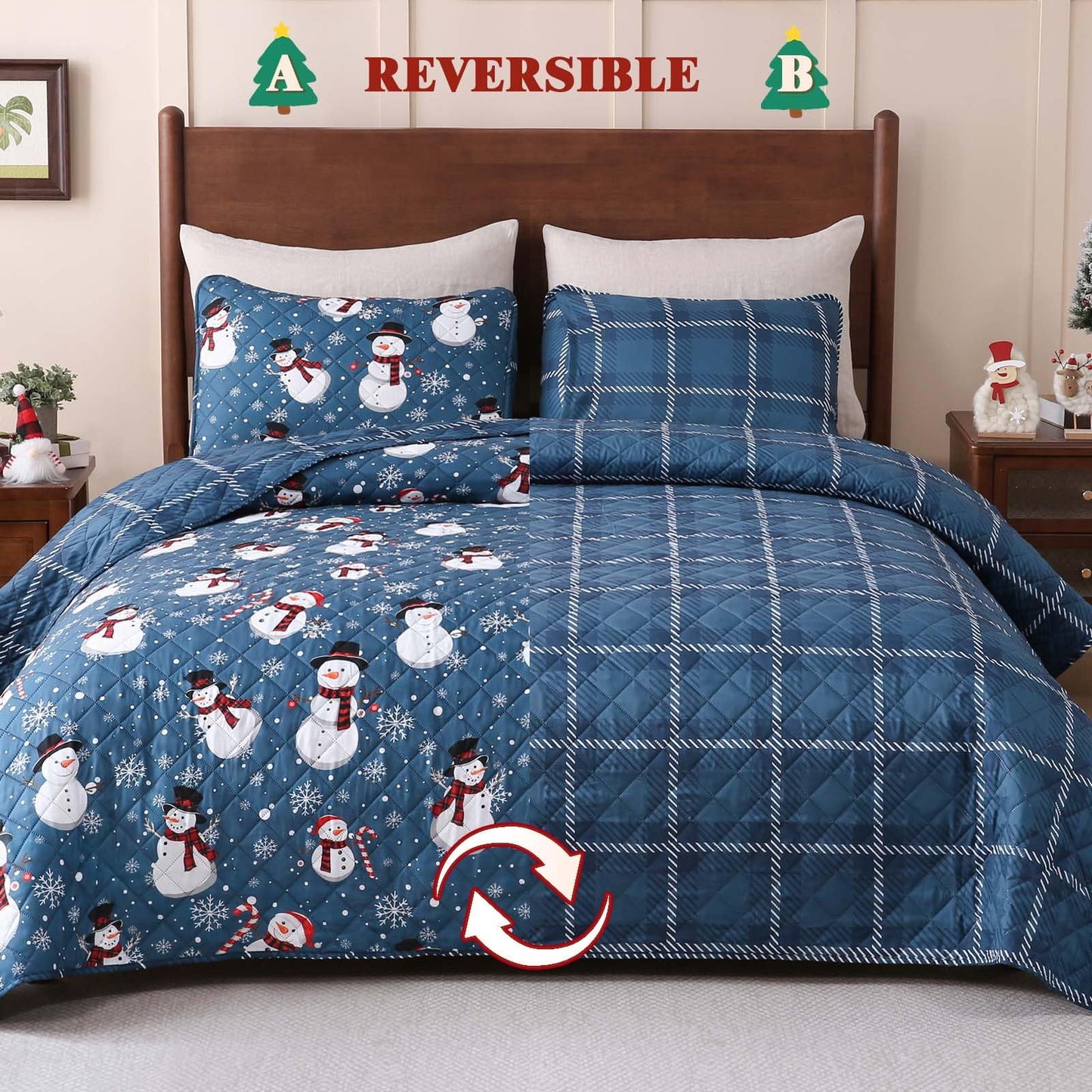 BLEUM CADE Christmas Quilts Sets Queen Size,3 Pieces Christmas Snowman Quilt Bedding Set, Reversible Blue Buffalo Plaid Comforter Sets, Christmas Tree Soft Lightweight Xmas Bedspread Coverlet,90"x90"