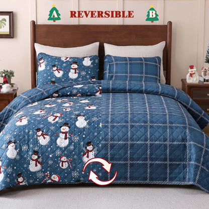 BLEUM CADE Christmas Quilts Sets King Size,3 Pieces Christmas Snowman Quilt Bedding Set,Reversible Blue Buffalo Plaid Comforter Sets,Christmas Tree Soft Lightweight Xmas Bedspread Coverlet,106" x 96"
